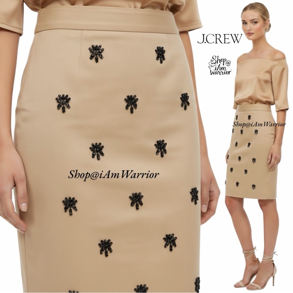 J.Crew NWT tan pencil skirt w/ black beaded jewel embellishments shop@iamwarrior